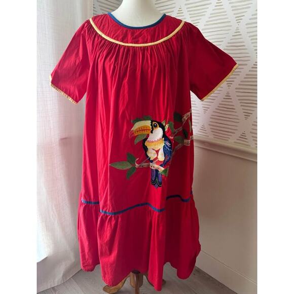 Bechamel Women’s Medium Mu Mu Patio Dress Toucan Tropical Bird Hawaiian Vintage - Picture 1 of 6